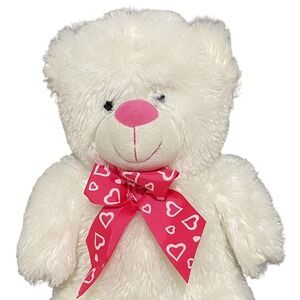 Valentine White Bear Plush 11" Pink Bow Hearts Love Friendship Stuffed Animal